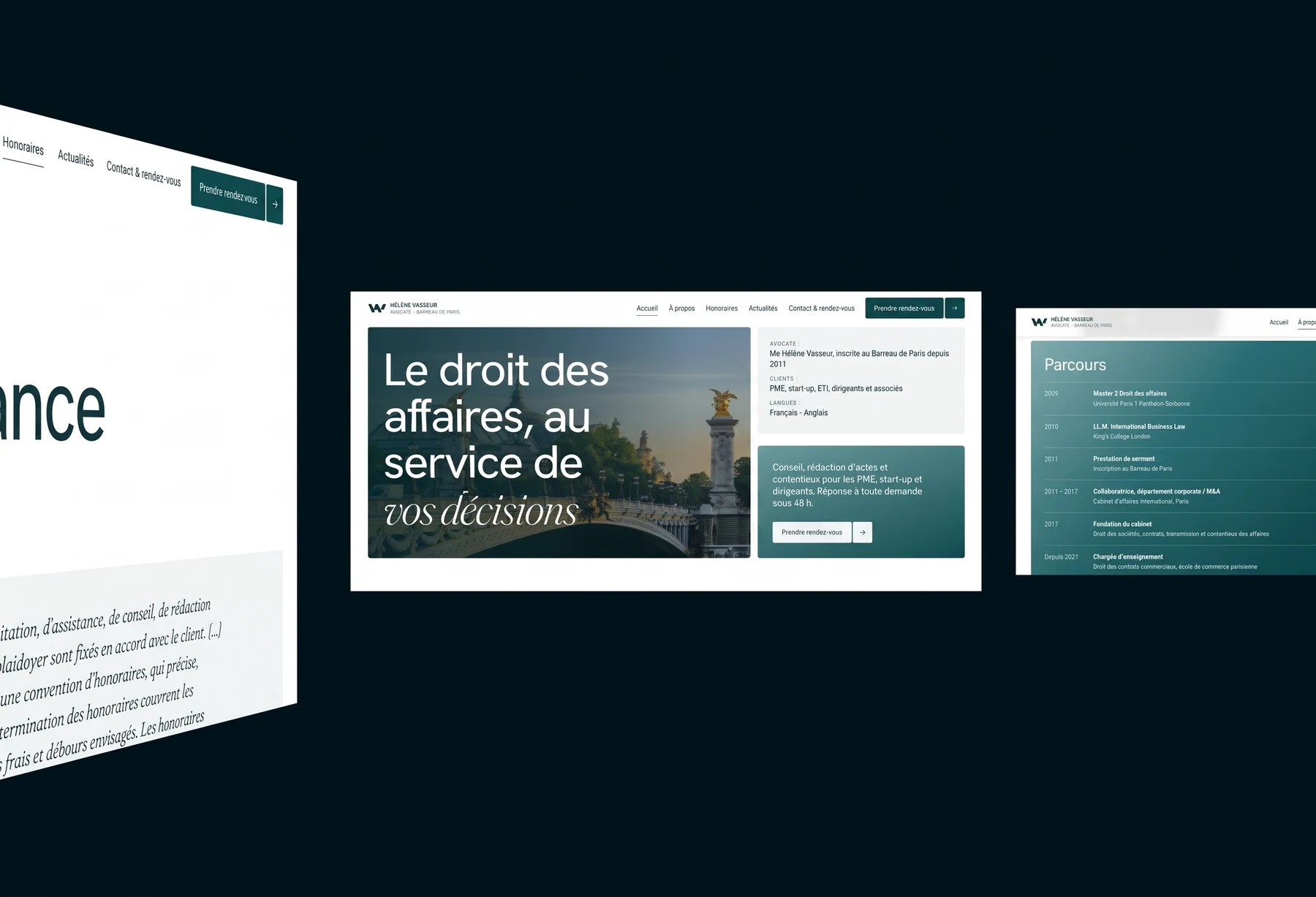 Pages du site internet d'une avocate en droit des affaires à Paris réalisé par id visual : accueil, honoraires, parcours