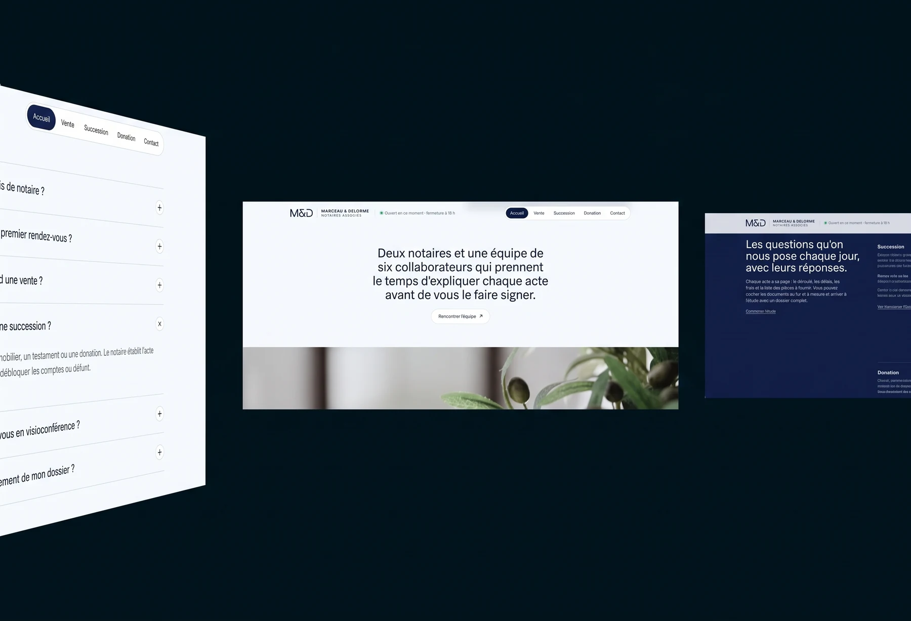 Pages du site internet d'une étude notariale réalisé par id visual : accueil, foire aux questions, succession